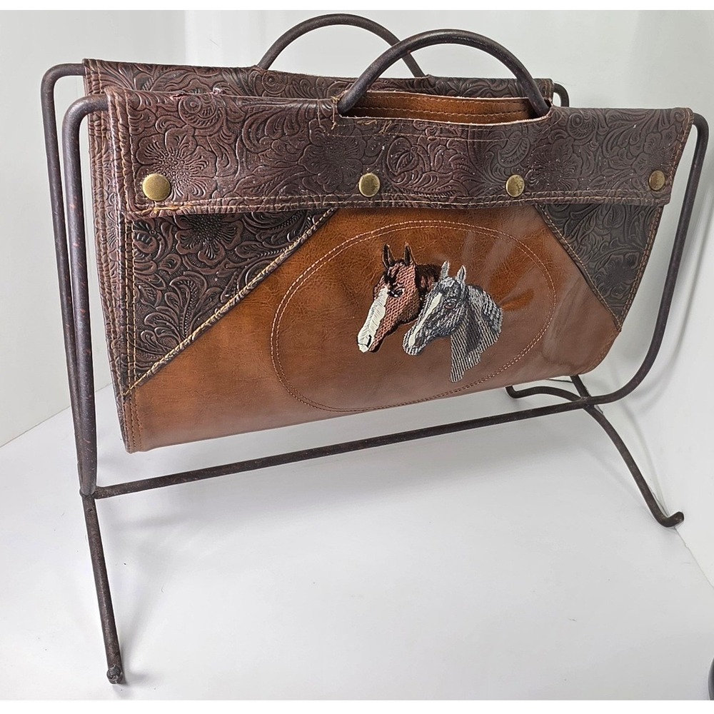 Western Tooled Faux Leather Horse Magazine Rack Rustic Metal Frame Vintage